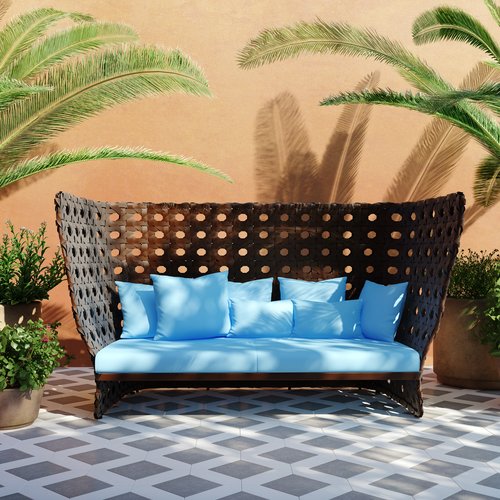 outdoor sofa with blue cushions and pillows